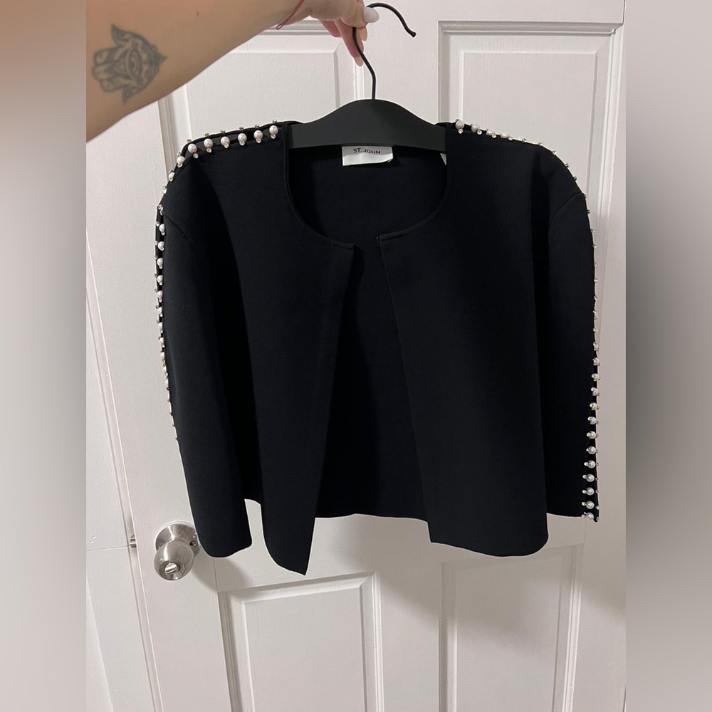 St John Knitwear Pearl Crystal Embellished Cape Cardigan